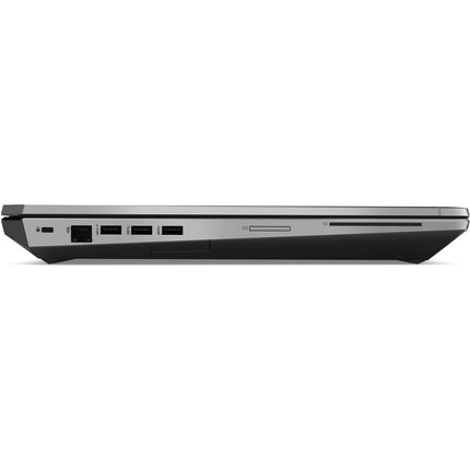 Side view of a closed, refurbished HP ZBook 17 G6 laptop by HP with a 15.6” display, showing visible Ethernet, three USB ports, an SD card slot, and a slim black base; powered by Intel Core i7-9750H processor, 32GB DDR4 RAM, 512GB NVMe SSD storage, and Nvidia Quadro T1000 4GB graphics for professional workloads. - View 3