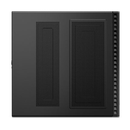 Side view of a black Lenovo side panel for the ThinkCentre M90q Tiny, showing two rectangular perforated ventilation areas and vertical vent slats along the right edge—designed for compatibility with refurbished Lenovo ThinkCentre M90q Tiny desktops featuring Intel Core i5-10500T, 16GB DDR4 RAM, 256GB NVMe SSD, WiFi, and Bluetooth. - View 3